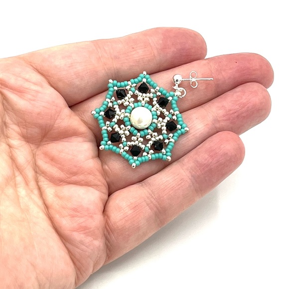 HAND CRAFTED Chunky Web Earrings Turquoise and Silver - Picture 5 of 7